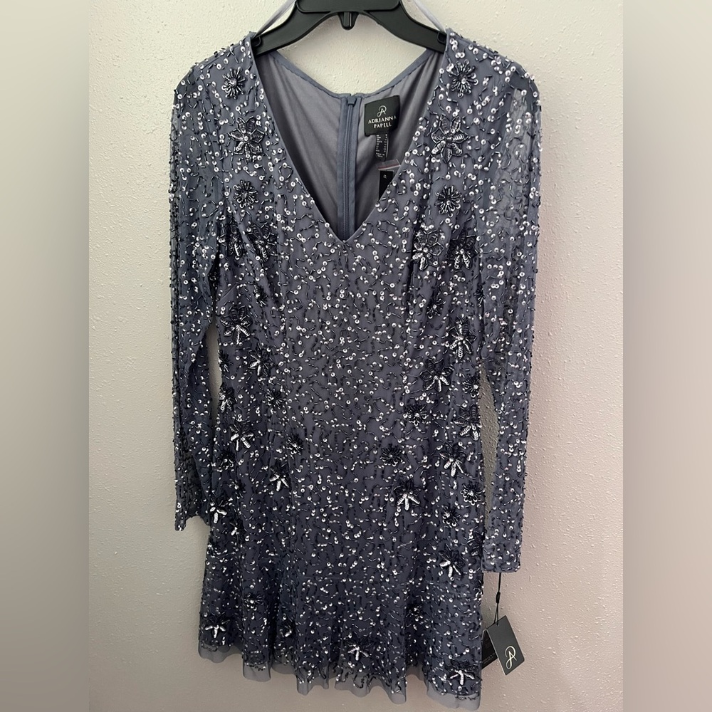 New Adrianna Pappel Long Sleeve V Neck Beaded Cocktail Dress Size 8